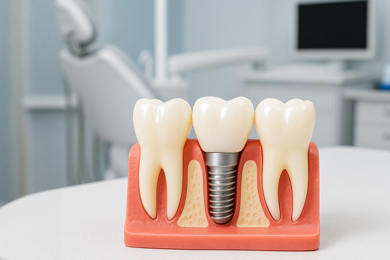 2025-05-IMP1-dental-implant-on-a-table Dental implant model on a dental office counter, dental office